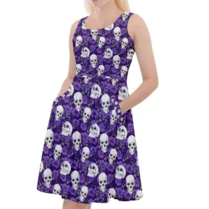 SKULLS AND PURPLE ROSES Knee Length Skater Dress With Pockets