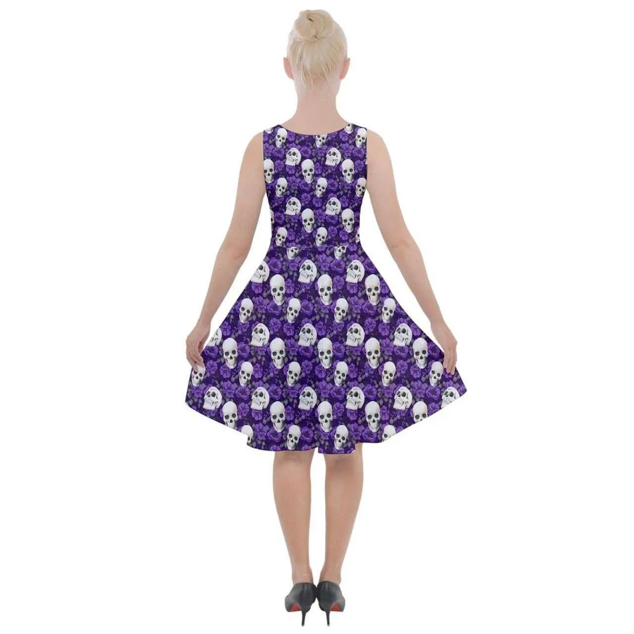 SKULLS AND PURPLE ROSES Knee Length Skater Dress With Pockets