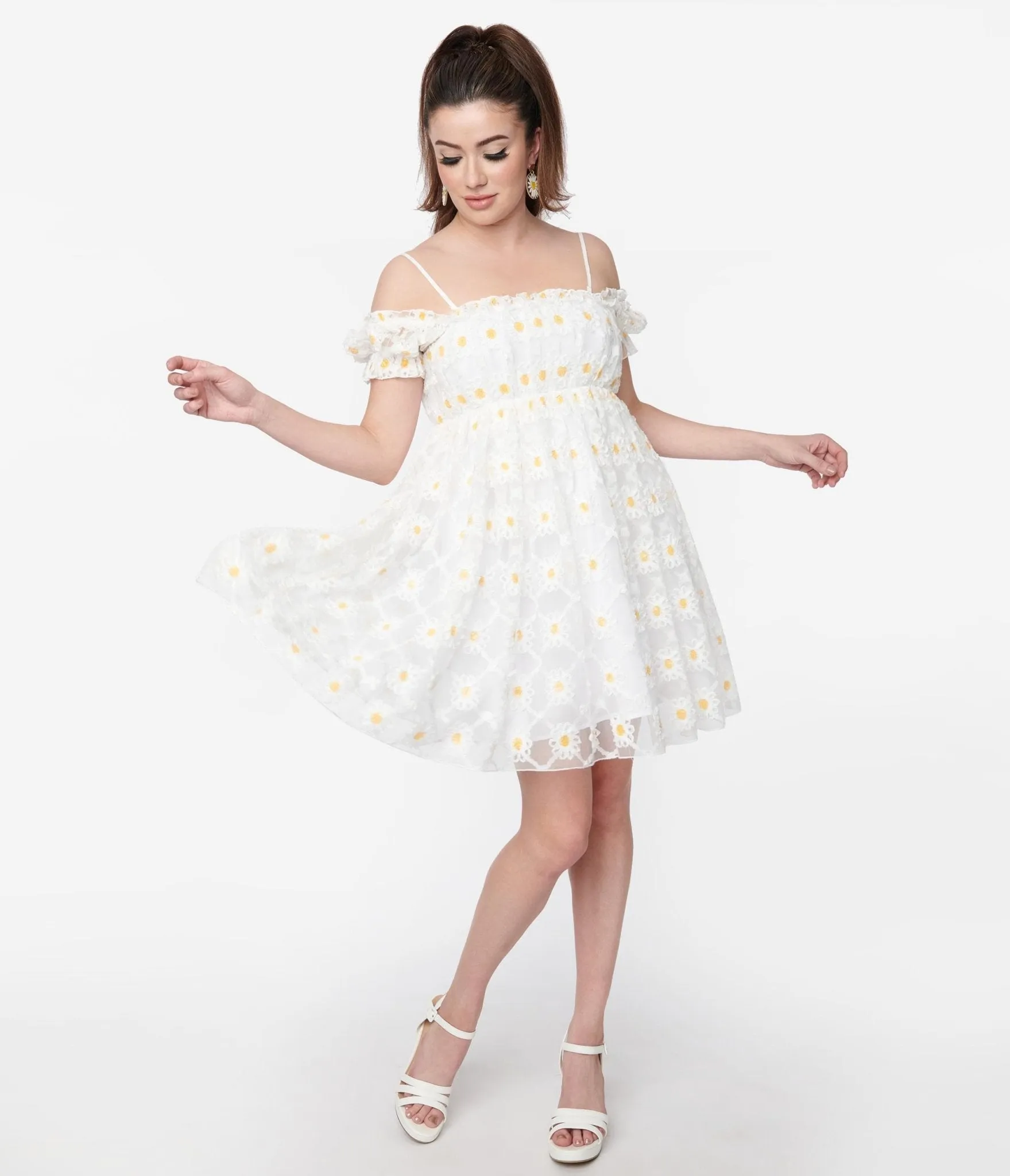 Smak Parlour White Daisy Off the Shoulder Babydoll Dress