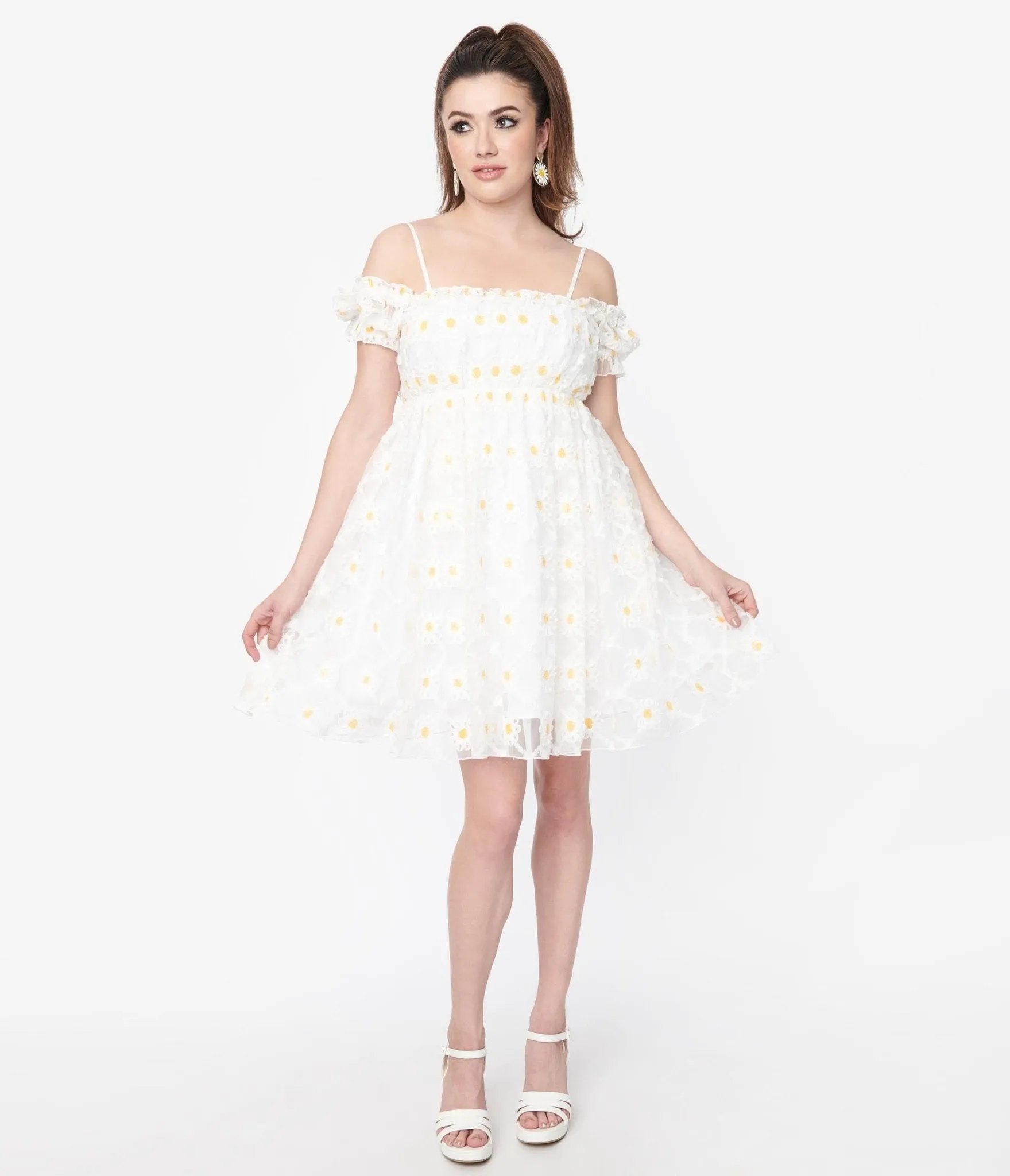 Smak Parlour White Daisy Off the Shoulder Babydoll Dress