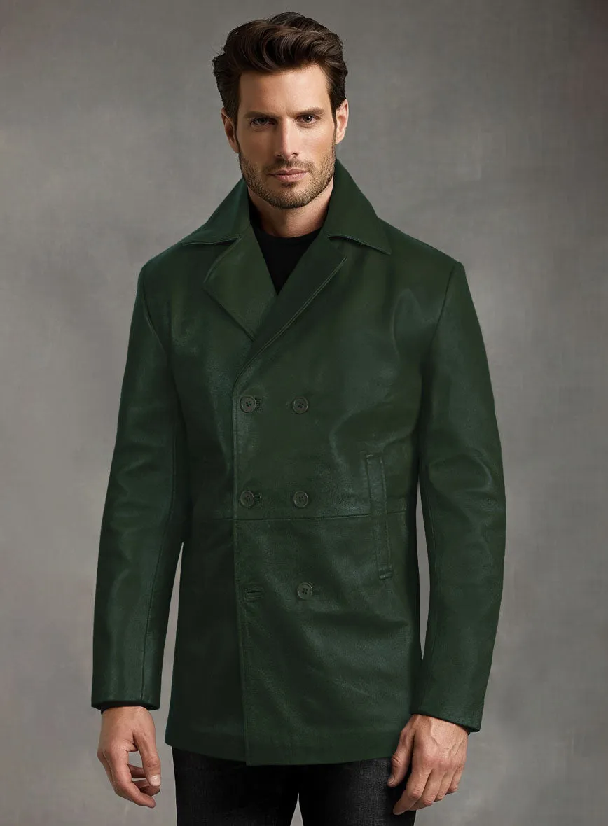 Soft Deep Olive Leather Pea Coat