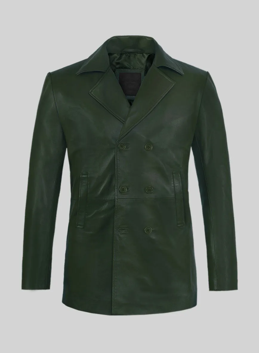 Soft Deep Olive Leather Pea Coat