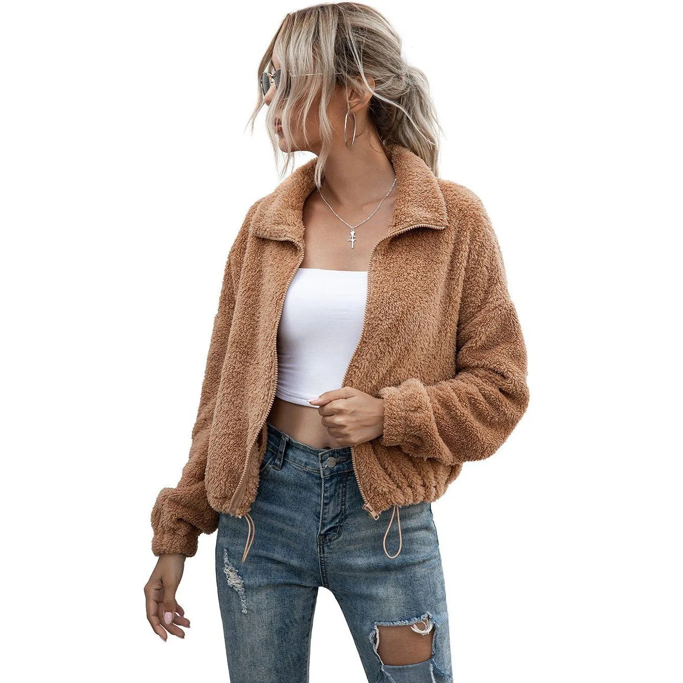 Solid Drawstring Hem Crop Teddy Jacket