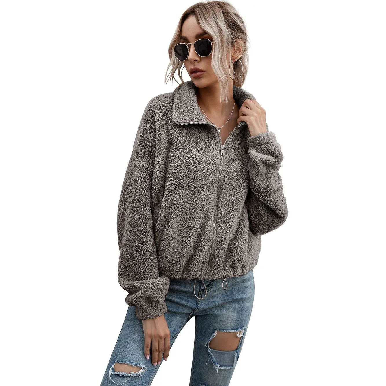 Solid Drawstring Hem Crop Teddy Jacket