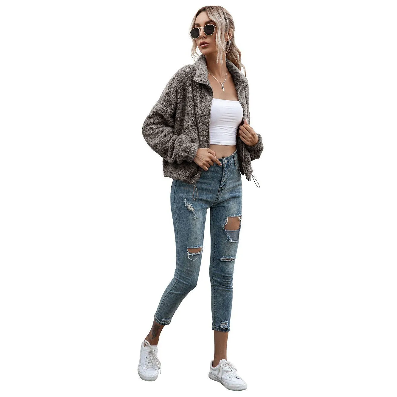 Solid Drawstring Hem Crop Teddy Jacket