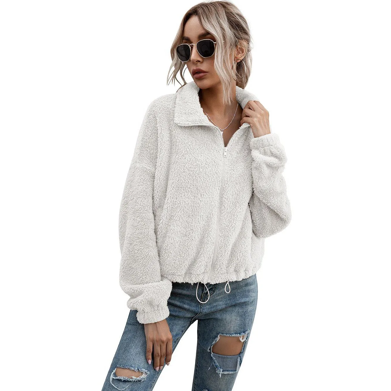 Solid Drawstring Hem Crop Teddy Jacket