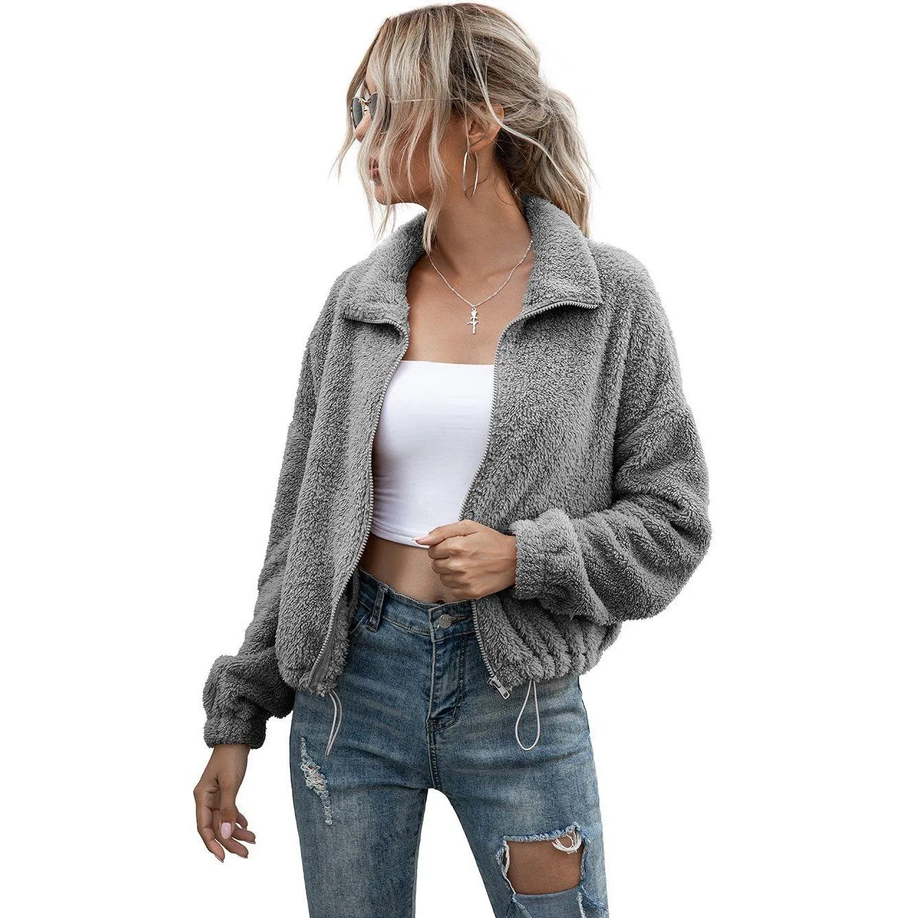 Solid Drawstring Hem Crop Teddy Jacket