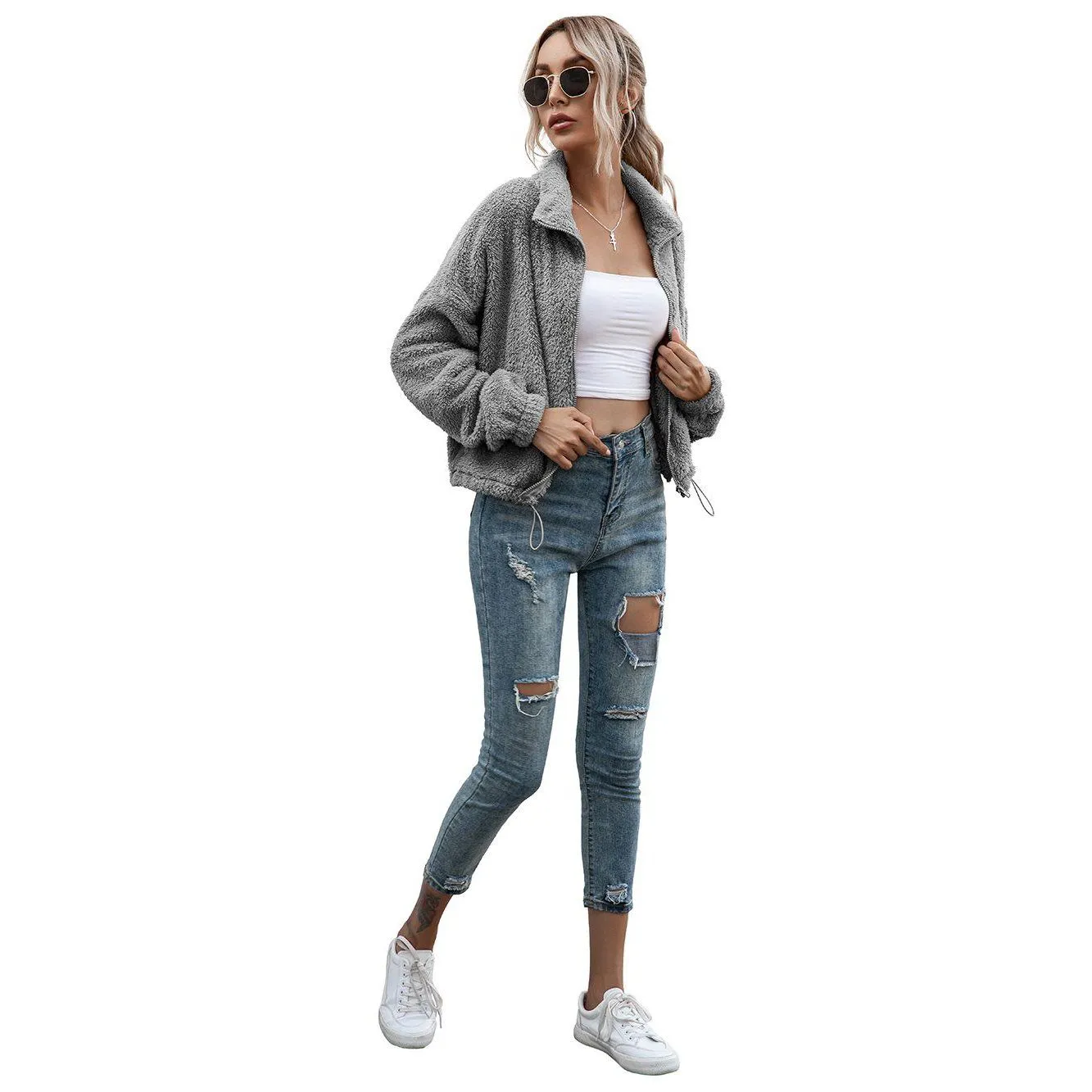 Solid Drawstring Hem Crop Teddy Jacket