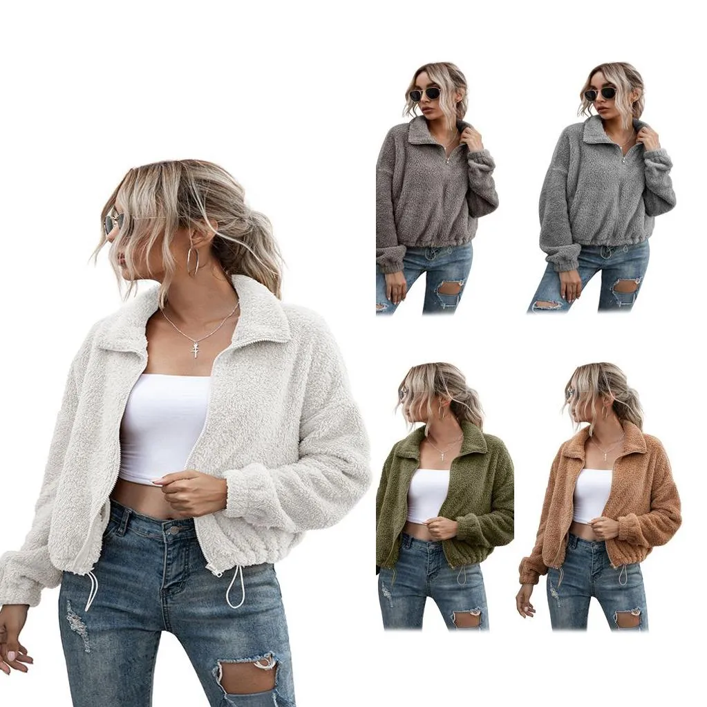 Solid Drawstring Hem Crop Teddy Jacket