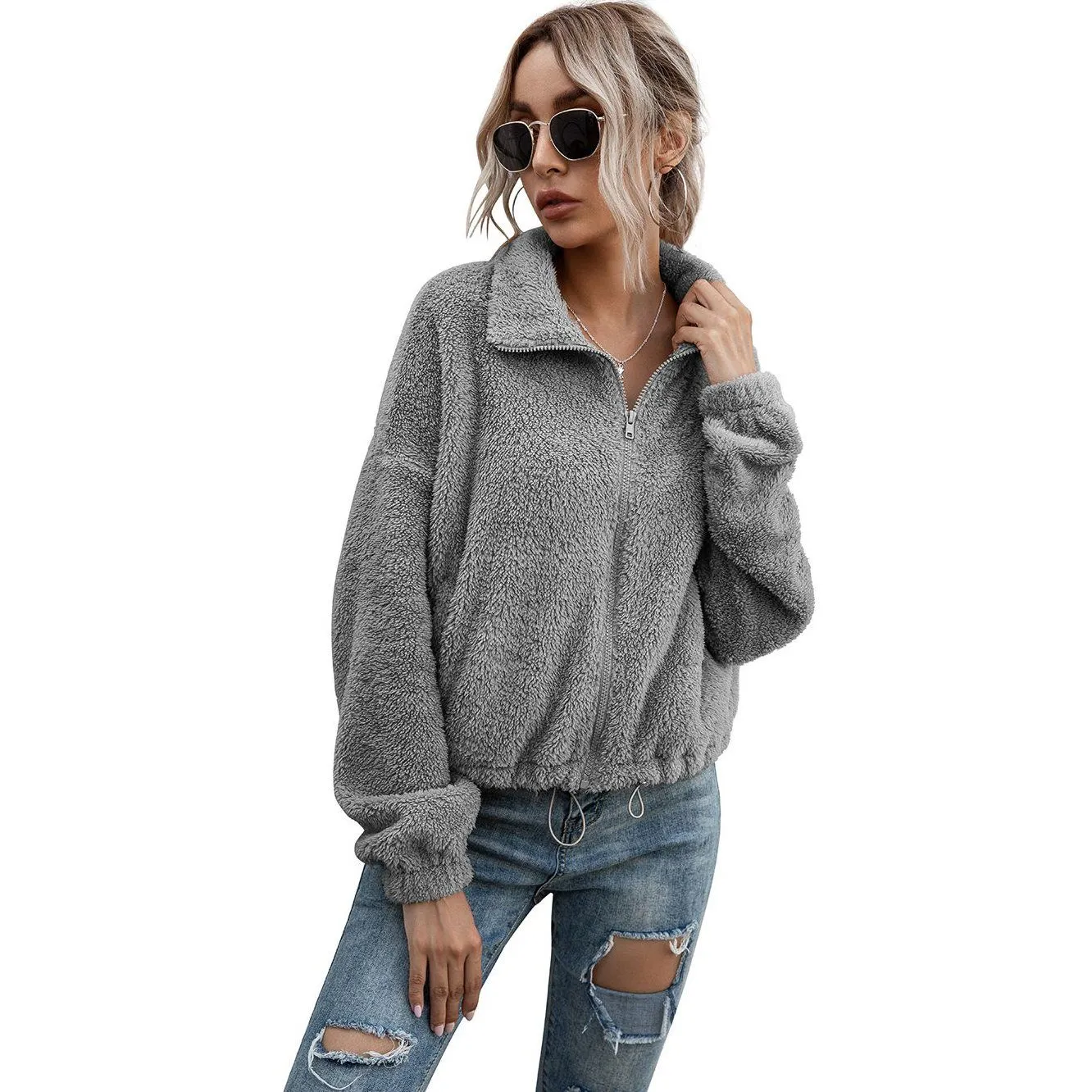 Solid Drawstring Hem Crop Teddy Jacket