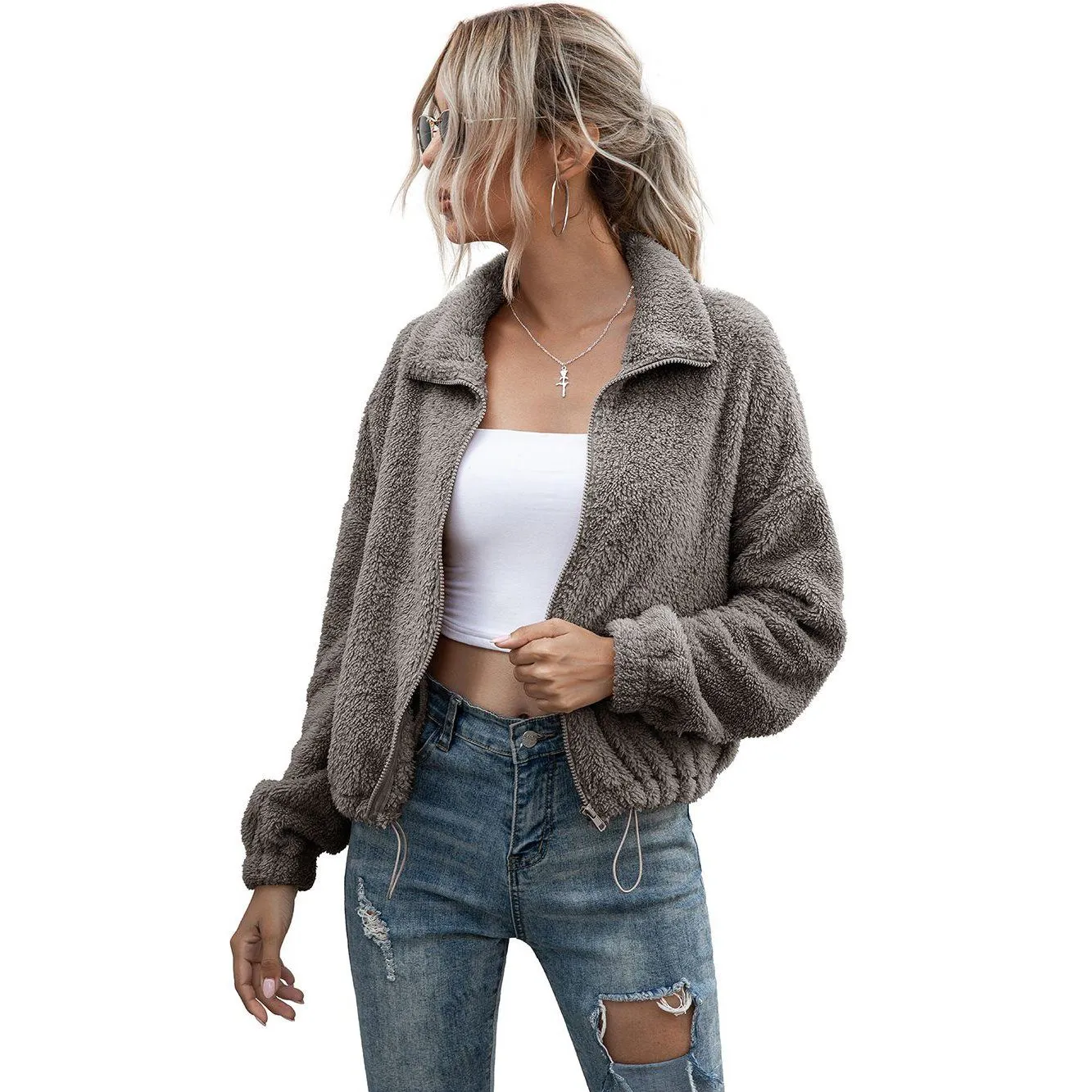 Solid Drawstring Hem Crop Teddy Jacket