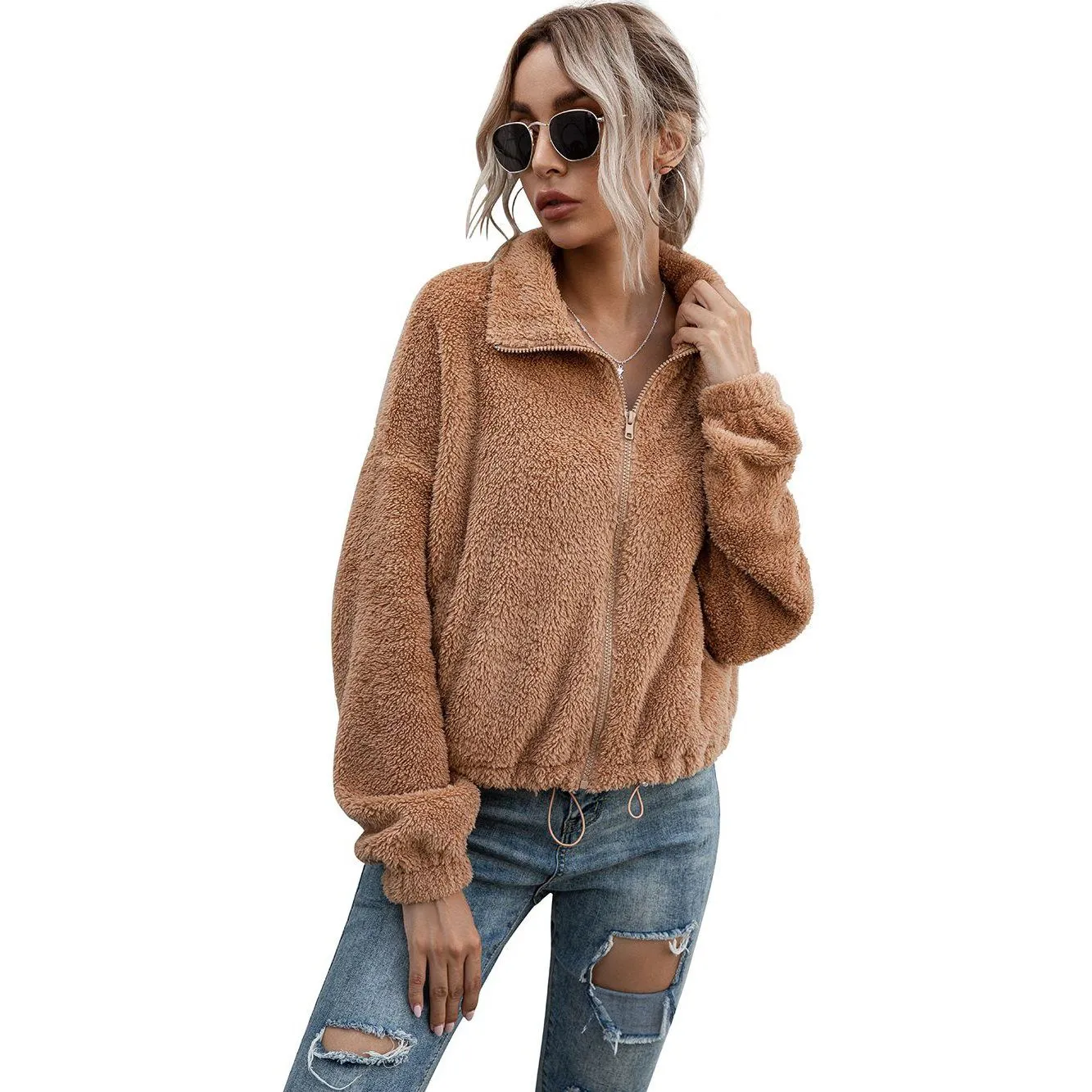 Solid Drawstring Hem Crop Teddy Jacket