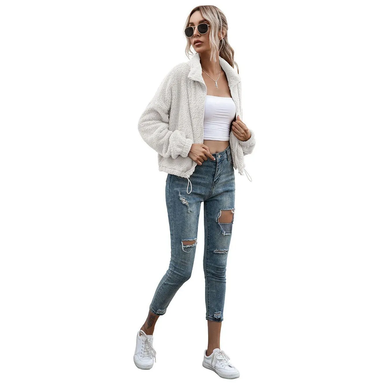 Solid Drawstring Hem Crop Teddy Jacket