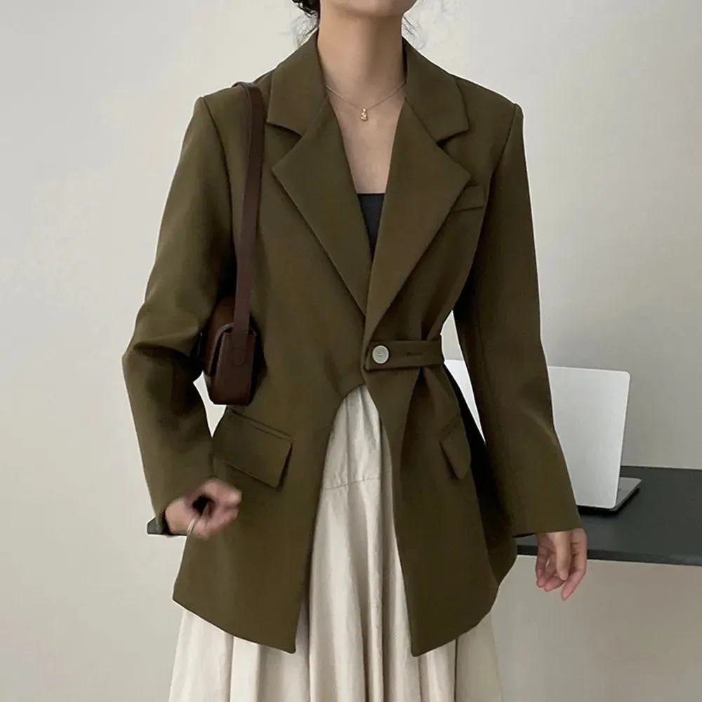 Solid Minimalsit Blazers For Women Notched Collar Long Sleeve Patchwork Belt Casual Blazer Female Fashion Clothing