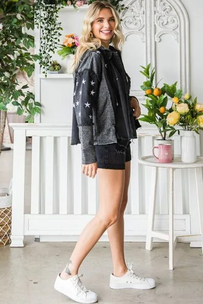 Star Embroidered Hooded Denim Jacket