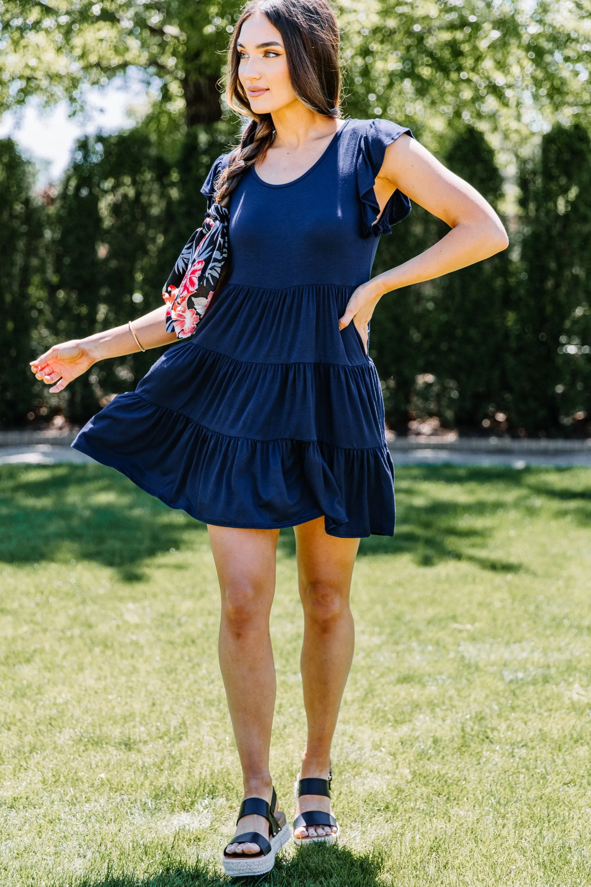 Stay With You Always Navy Blue Tiered Dress