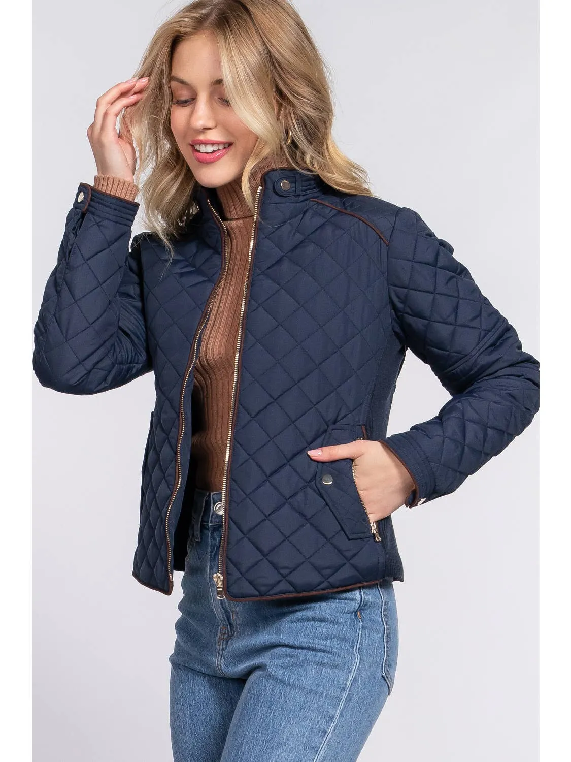 Suede Piping Rib Quilted Padded Jacket