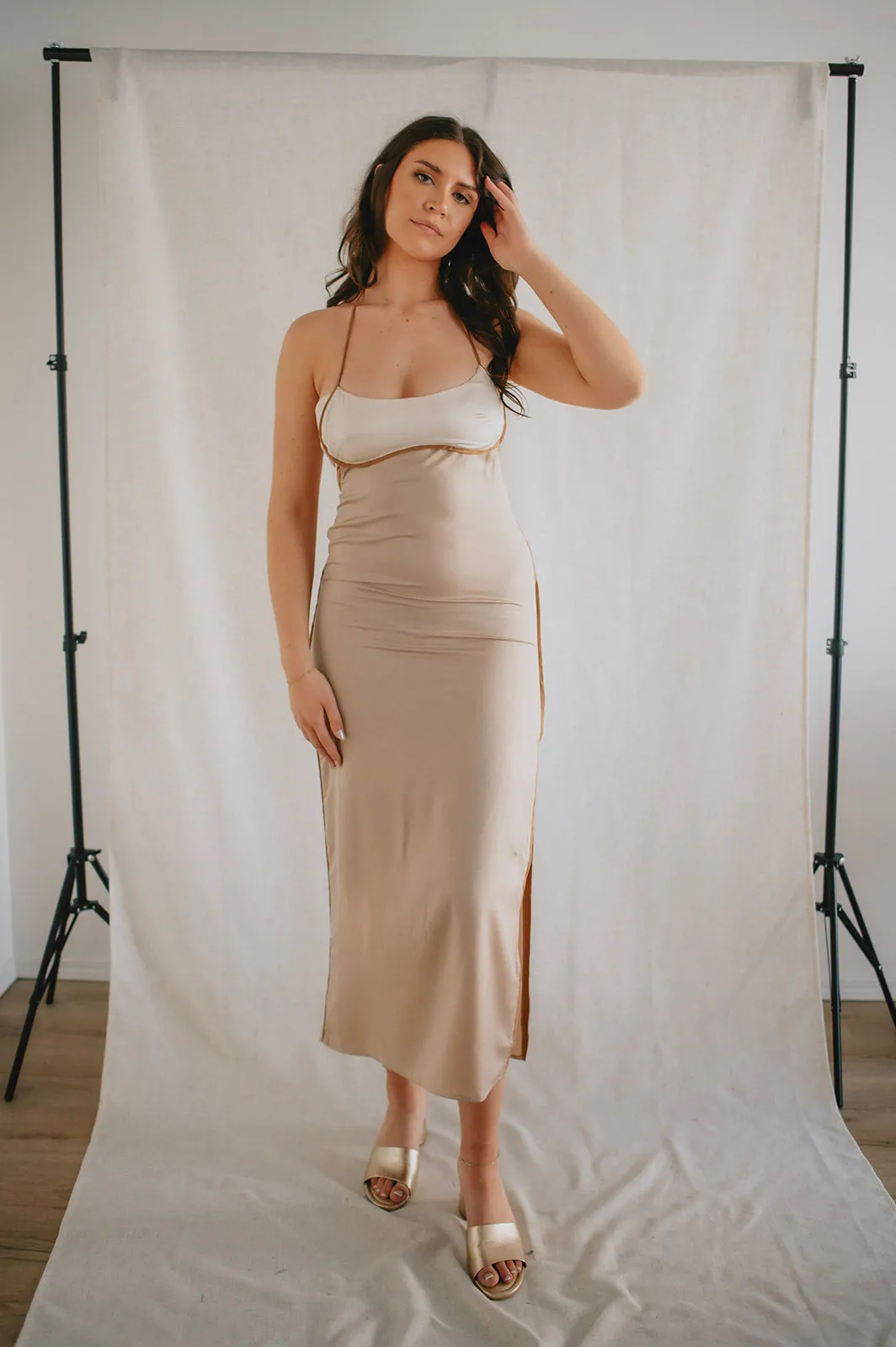 The Colourblock Satin Halter Dress - Sand