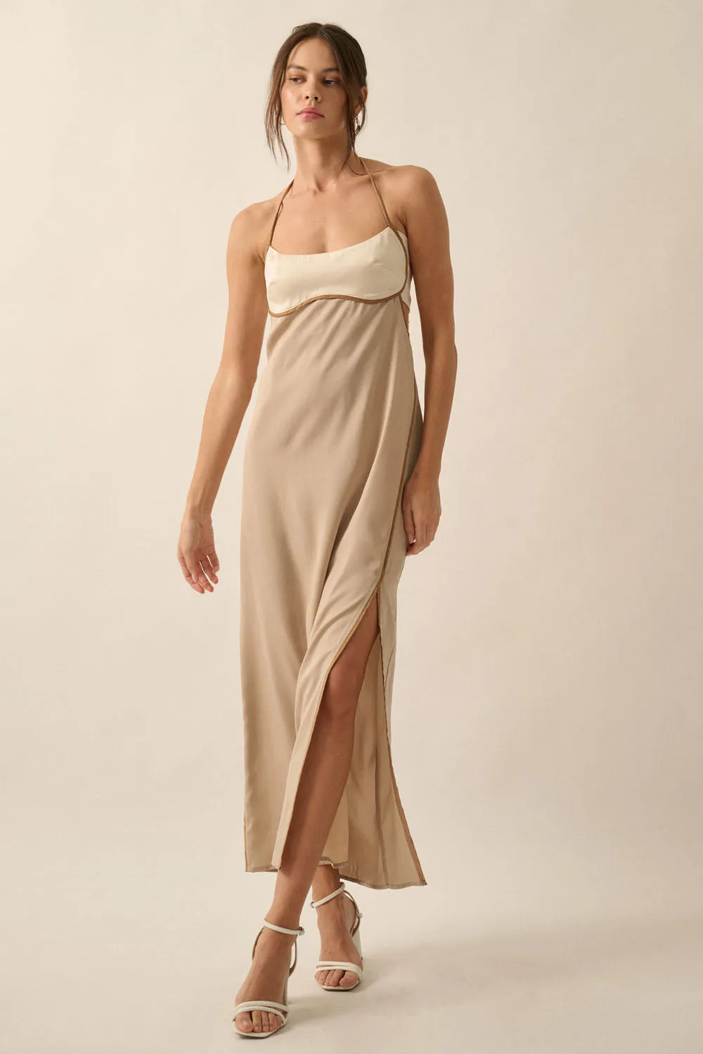 The Colourblock Satin Halter Dress - Sand