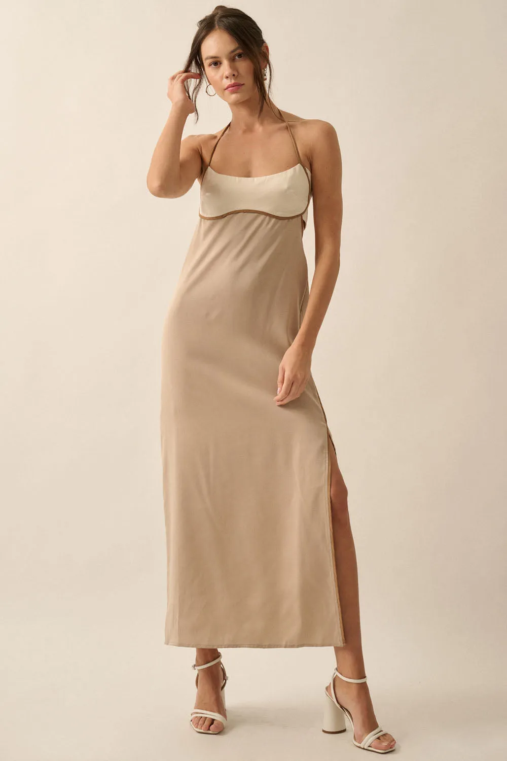 The Colourblock Satin Halter Dress - Sand