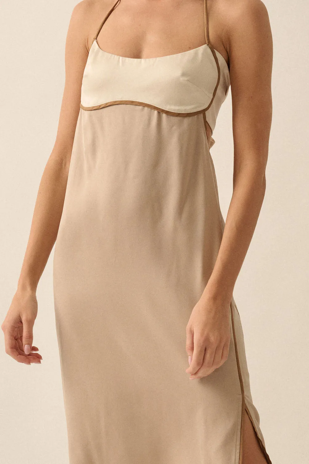 The Colourblock Satin Halter Dress - Sand