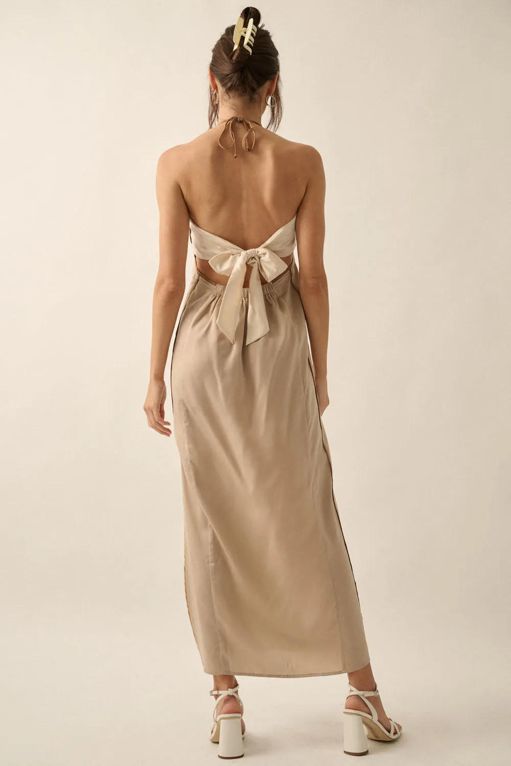 The Colourblock Satin Halter Dress - Sand