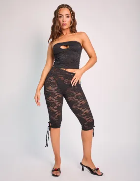 Tie Detail Lace Capri Leggings Black