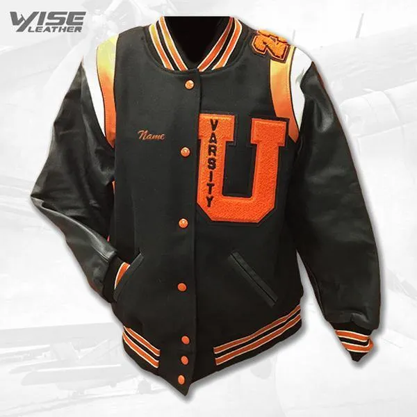 Utica Varsity Jacket in Black - Sleek Sophistication School Spirit Outerwear