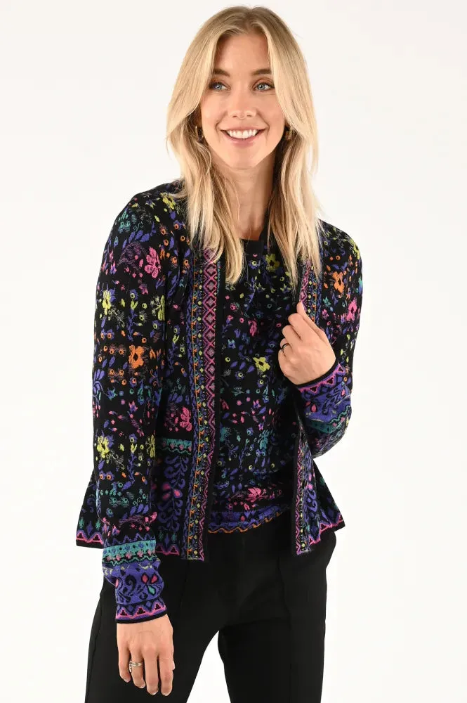 V Neck Cardigan/Jacket, Floral Pattern - Purple