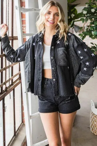 Veveret Star Embroidered Hooded Black Denim Jacket