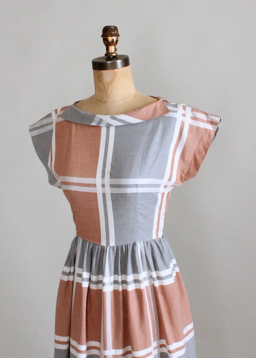 Vintage 1950s Neutral Windowpane Plaid Cotton Dress