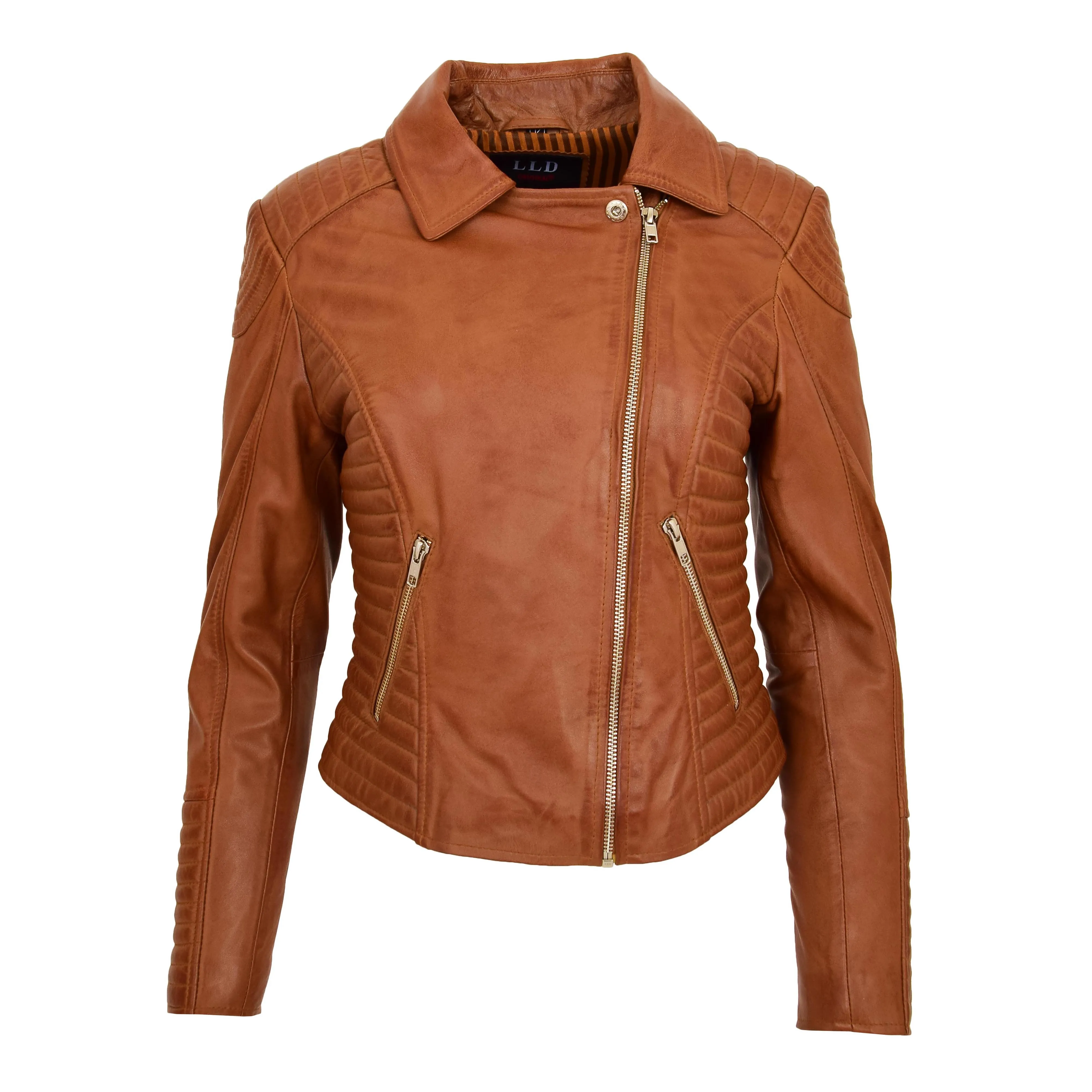 Womens Designer Leather Biker Jacket Fitted Quilted Bonita Tan