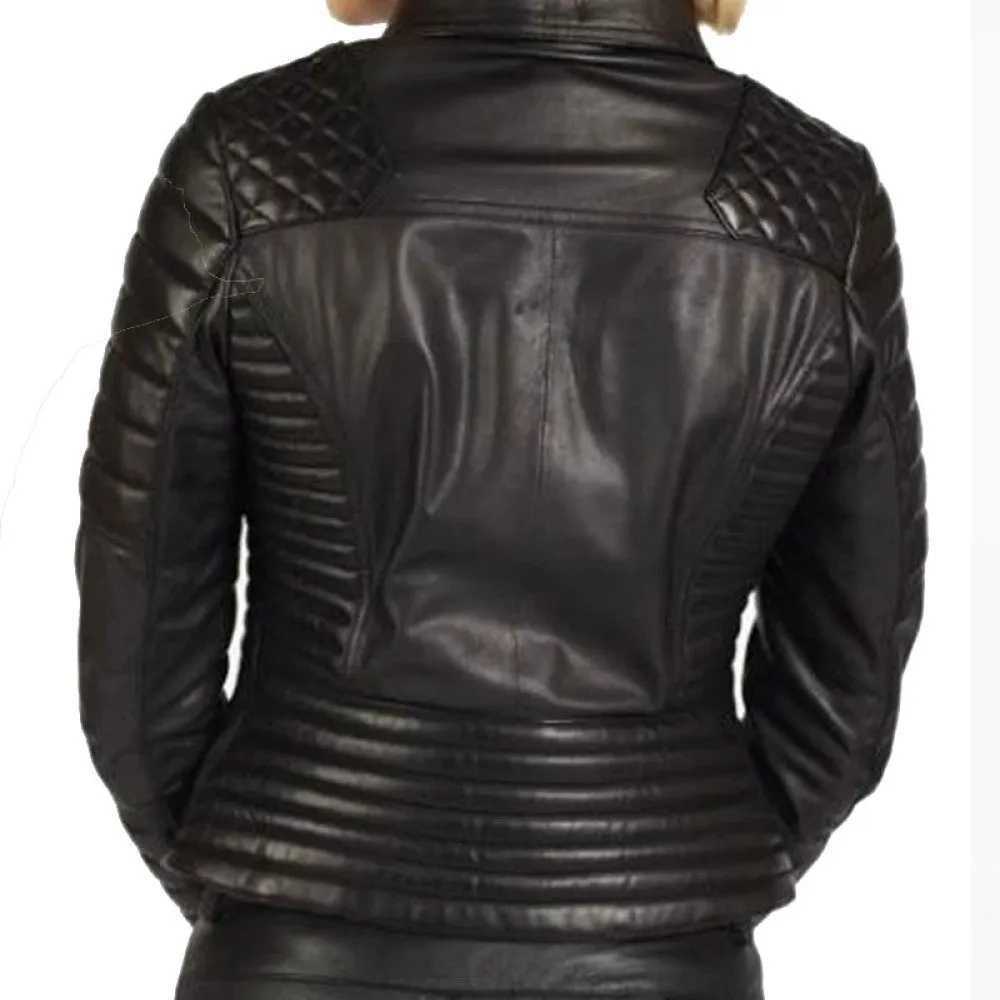 Womens Padded And Quilted Motorbike Black Leather Jacket