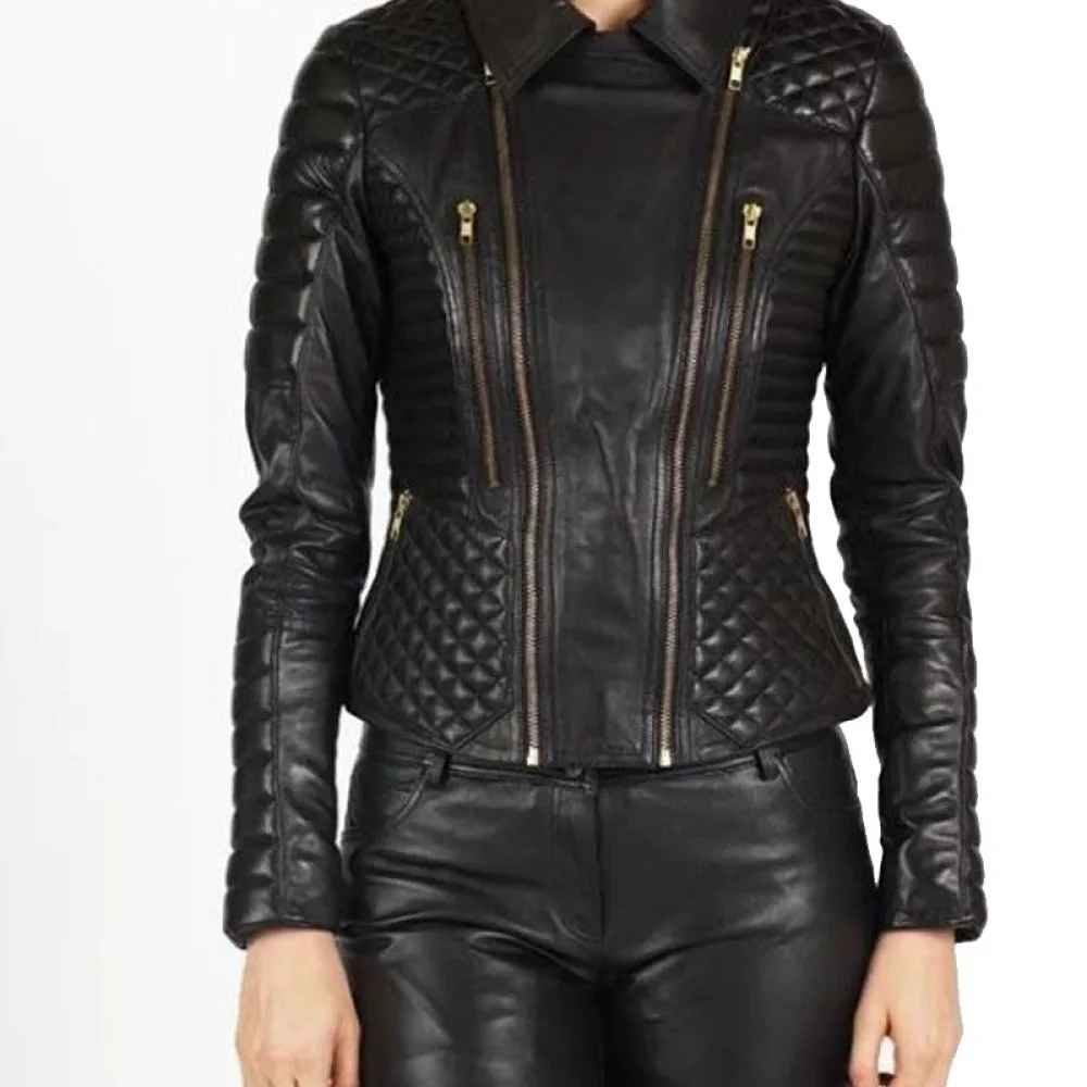 Womens Padded And Quilted Motorbike Black Leather Jacket