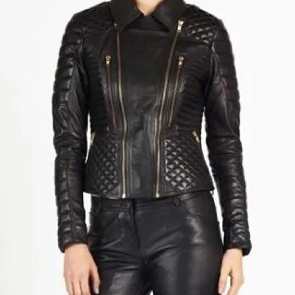 Womens Padded And Quilted Motorbike Black Leather Jacket