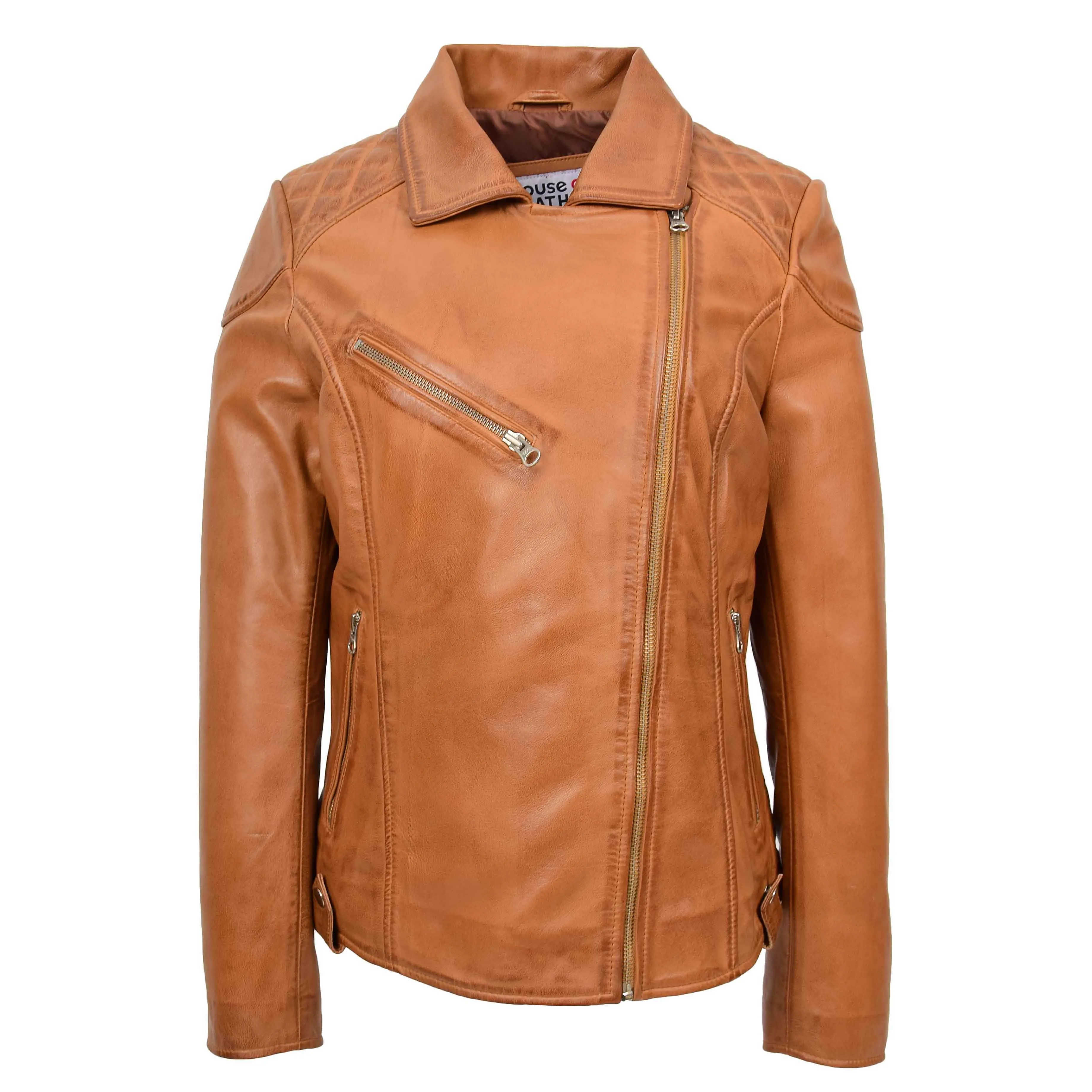 Womens Real Leather Biker Jacket Cross Zip Pockets Cherry Tan