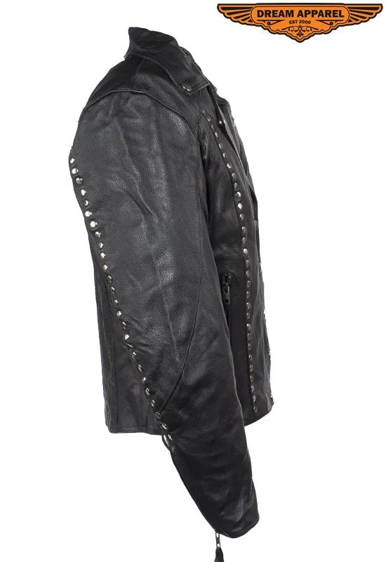 Womens Studded Leather Motorcycle Jacket With Concealed Carry Pockets