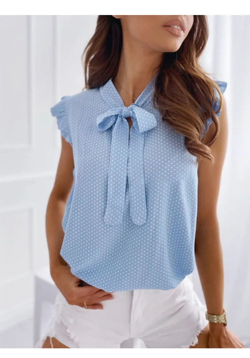 Women's Summer Sleeveless Casual Loose Ruffle Lace Up Tie Bow Shirt