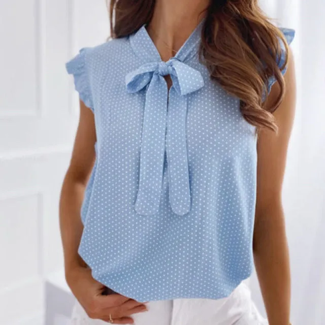 Women's Summer Sleeveless Casual Loose Ruffle Lace Up Tie Bow Shirt