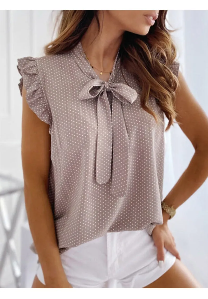 Women's Summer Sleeveless Casual Loose Ruffle Lace Up Tie Bow Shirt