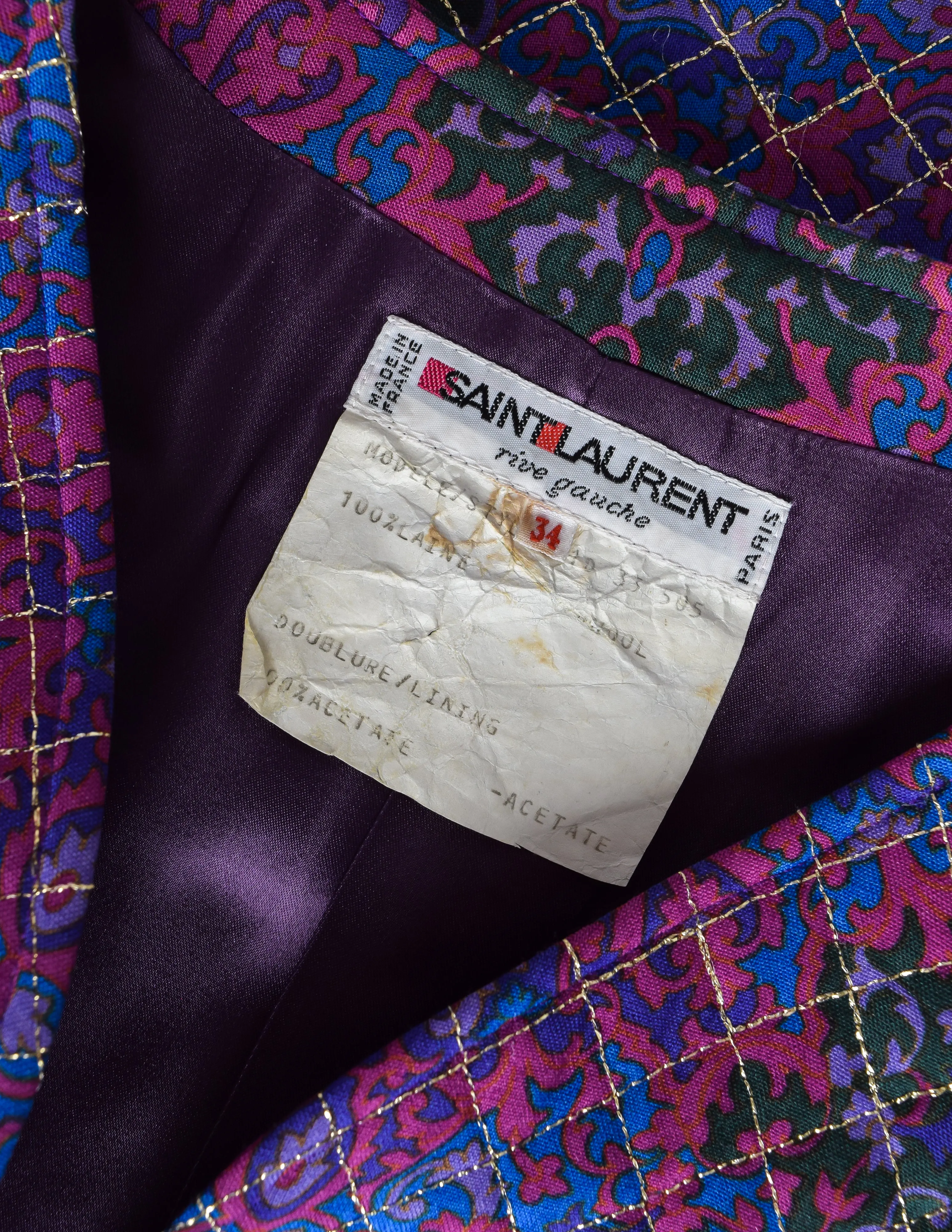 Yves Saint Laurent Vintage AW 1983 Purple Damask Paisley Gold Quilted Jacket